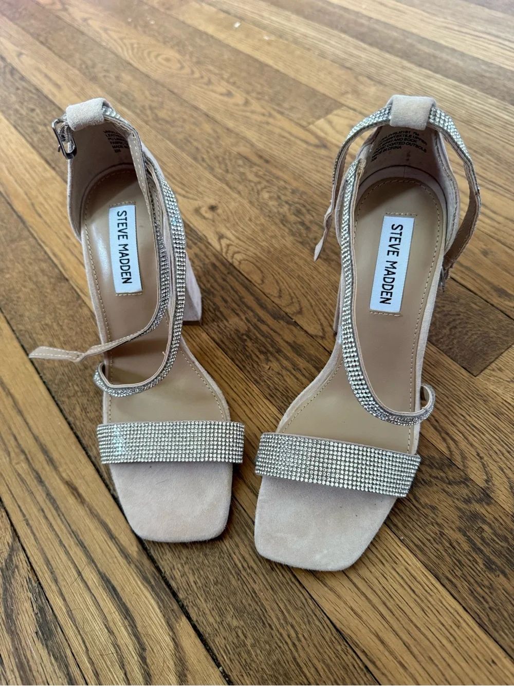 Steve Madden Nude Suede Block Heels with Rhinestone Straps size 7